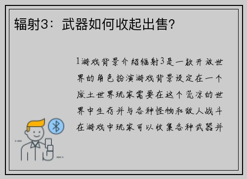 辐射3：武器如何收起出售？